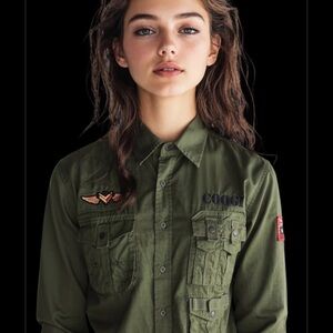 Coogi Military Style Button Down Shirt Unisex XL Olive Green Long Sleeve !!!!